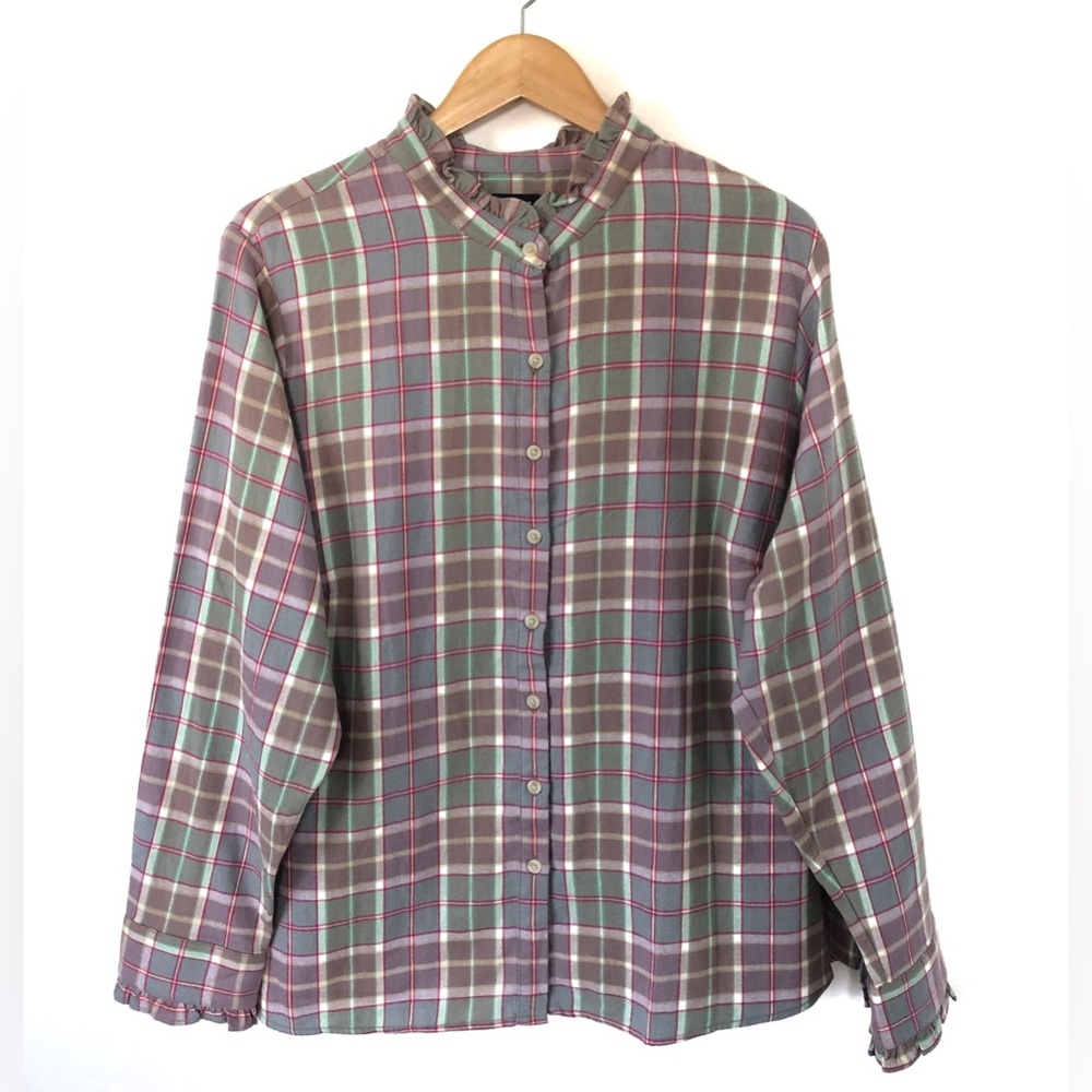 Land’s End Plus Button Up Long Sleeve Spring Multi Plaid Flannel Shirt Top 2x
